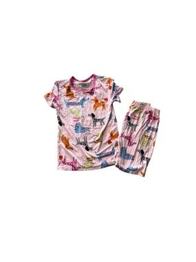 Girls' Pink Dog Print Short Sleeve Pajama Set with Colorful Pup Motif